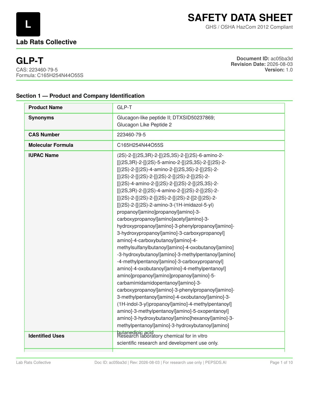 GLP-T 30mg Safety Data Sheet
